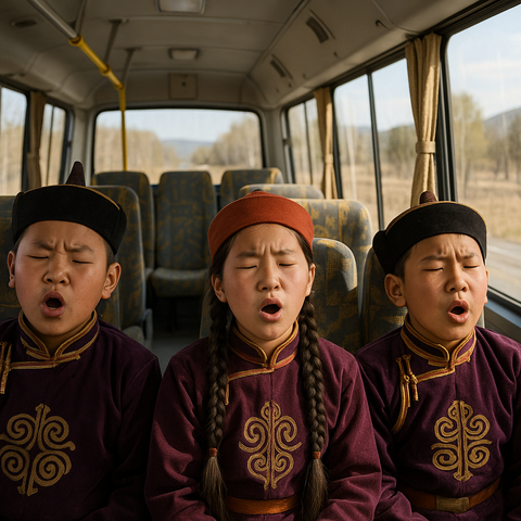 Tuvan children throat singing The People On The Bus Go Up And Down.
