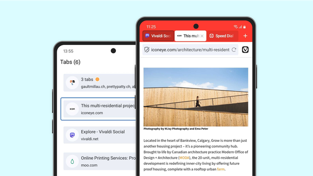 Image shows two android devices with the Vivaldi app open, displaying the new Tab Switcher and floating tabs.
