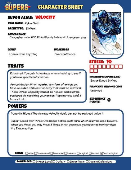 A custom Tiny Supers character sheet filled out with the stats for Velocity, a canon superhero in the Tiny Supers universe.