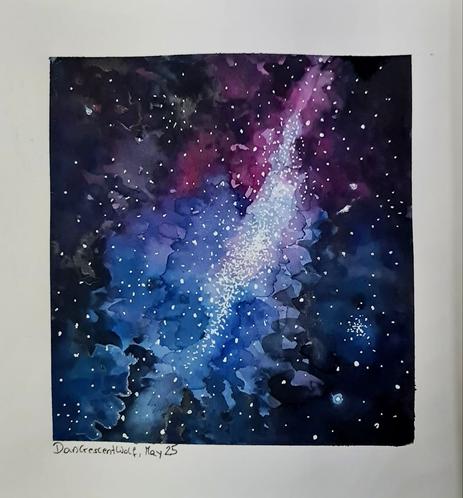 A square watercolor painting of a stylised galaxy.