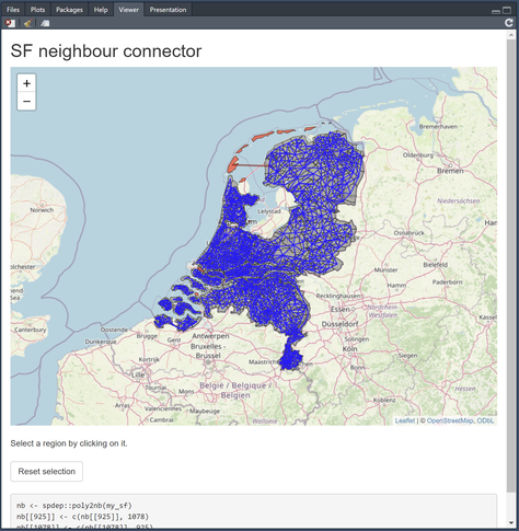 Map of the Netherlands with some areas marked in red: those have no direct neighbours and can be connected with the add-in.