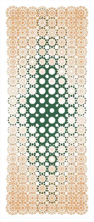 Motif répétitif de rosaces en deux couleurs. on peut voir une "dégradation" des motifs vers le centre.