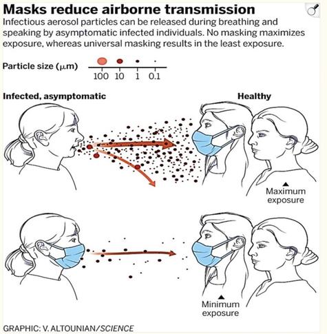 Image showing how masks reduce airborne transmission.

Text: infectious cresol particles can be released during breathing and speaking by asymptomatic infected individuals. No masking maximizes exposure, whereas universal masking results in the least exposure.

Below the text are two drawings:

In both there is an infected (asymptomatic) woman on the left, talking. While on the right there are two women who are not infected and have their mouths closed (as far as we can see). They face each other.

In the upper drawing, the infected woman on the left doesn't wear a mask and we see lots of particles with two arrows towards the other two women. One of the two women on the right wears a baggy blue mask. The other woman on the right has a note saying 'maximum exposure'.

In the lower drawing, the infected woman on the left wears a baggy blue mask and there are less particles and only one arrow towards the other women. The women on the right look the same as above, but now there's a note below the non-infected woman wearing the baby blue saying 'minimum exposure'.