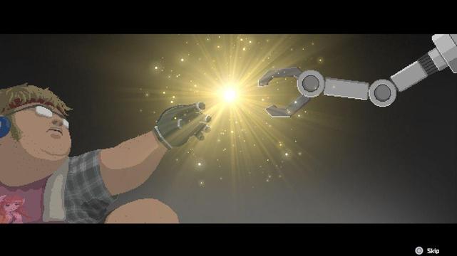 A nerdy mechanic racing out with his finger to a robotic “finger”