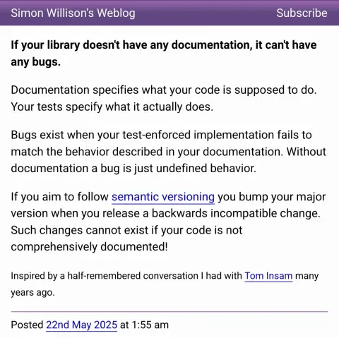 If your library doesn't have any documentation, it can't have any bugs.

Documentation specifies what your code is supposed to do. Your tests specify what it actually does.

Bugs exist when your test-enforced implementation fails to match the behavior described in your documentation. Without documentation a bug is just undefined behavior.