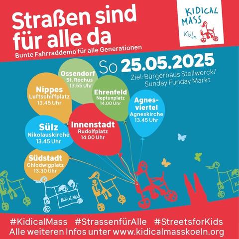Werbeflyer für die Kidical Mass. Kinder haben Fahrräder gemalt und auf Luftballons stehen die verschiedenen Startorte.