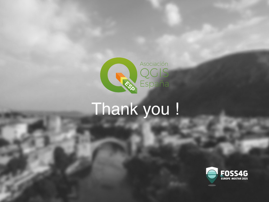A graphic introducing QGIS España as a Supporter of FOSS4GE 2025.