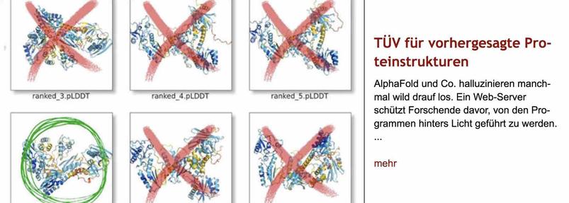 Grafik von sechs Protein-Bändermodellen, von denen fünf mit rotem Kreuz durchgestrichen sind und eines mit grünem Kreis umrandet ist. Rechts daneben Überschrift "TÜV für vorhergesagte Proteinstrukturen" des im Post verlinkten Artikels, gefolgt von dessen Vorspann.