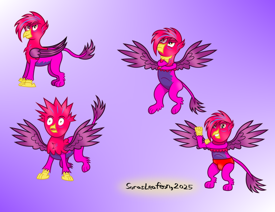 Four different poses of Gibson the Griffon, depicting him standing sideways while looking at the viewer, floating in the air while thinking and looking up, standing with a shocked expression on his face while his down and fur are standing on end, and flexing with his left talon over his right bicep while he's wearing a red speedo.