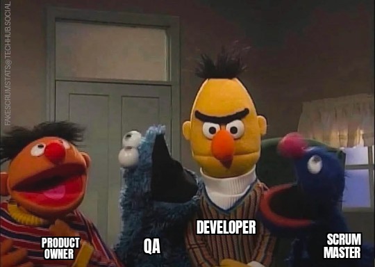 Sesame Street characters Ernie, Cookie Monster, Bert, and Grover. All look loud and chaotic except Bert who looks upset. Bert is labeled Developer. Cookie Monster is labeled QA. Grover is labeled Scrum Master. Ernie is labeled Product Owner.