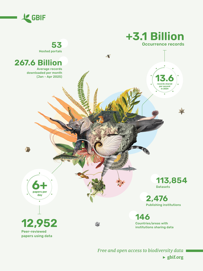 green graphic with numerous GBIF stats surrounding a collage of biological drawings