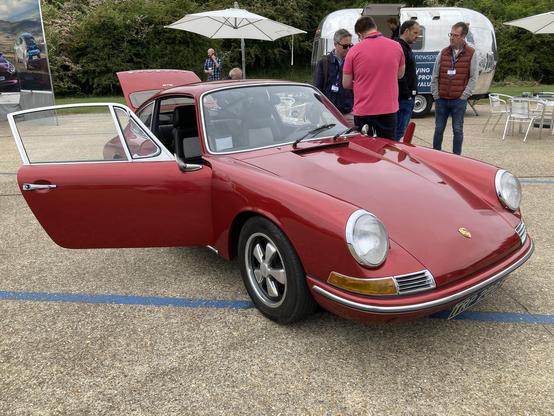 Deep red electric Porsche 912, front quarter view