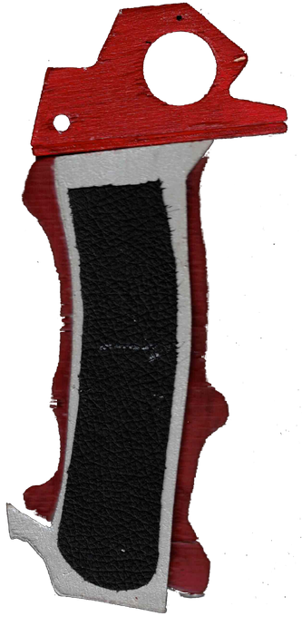 A red handle shape with silver and black decoration that has something going on with too much contrast and slightly wrong edges