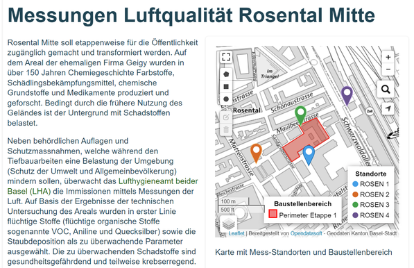 Screenshot vom Dashboard zu Messungen Luftqualität Rosental Mitte in Basel