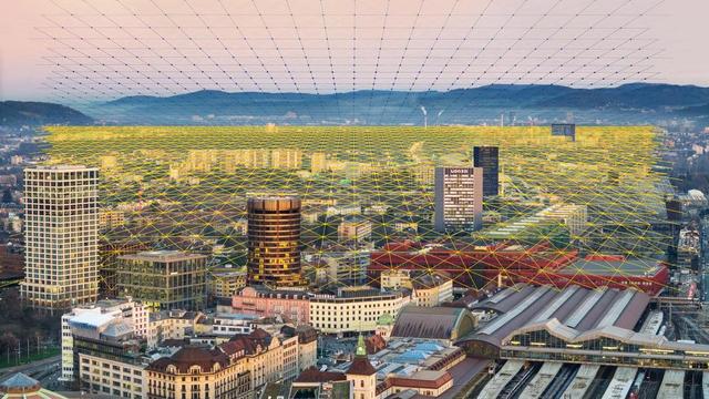 Bild der Stadt Basel mit Datenraster überlagert