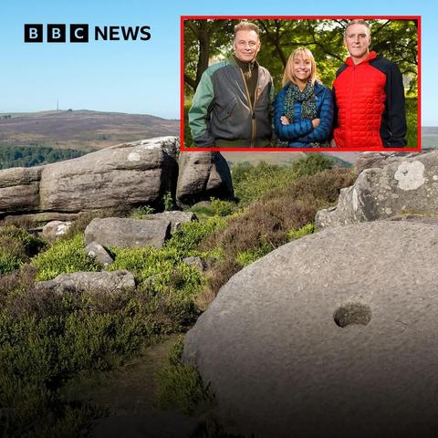 Image taken from BBC News. Photo of peak district rocks and a millstone. Inset photo is of three Springwatch presenters
