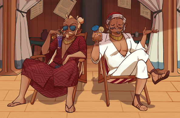 Lolorito and Gegeruju hanging out on beach chairs in one of Costa del Sol’s overlooks. Lolorito seems to be sulking, slumped in his chair and manspreading. He is wearing a red patterned robe and shades, drinking a bright purple cocktail through a straw. Gegeruju is in his usual outfit holding a bright orange cocktail, chattering away.