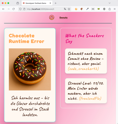Screenshot einer Webanwendung, die einen Donut samt Beschreibung und Kommentaren zeigt,