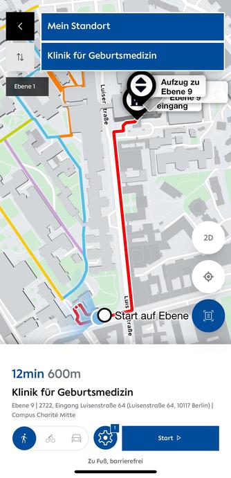Screenshot der neuen Charité Navi App: Mit der neuen Indoor-Navigation behält man auch in Gebäuden den besten Überblick zum nächsten Ziel.