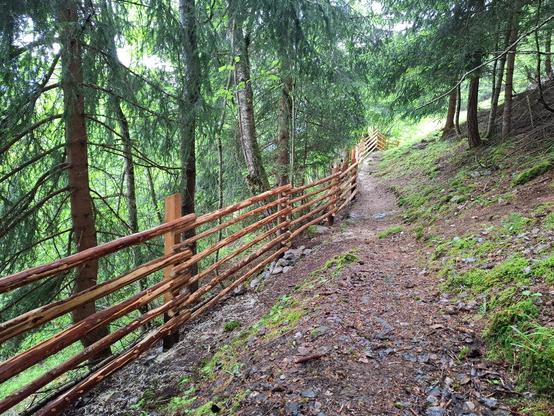 A rustic wooden fence made of stripped logs lines a narrow forest path on a sloped hillside. The fence follows the curve of the trail, supported by vertical posts and several horizontal rails. In the center of the foto is an extra long column made of charred chestnut wood. The surrounding area is densely wooded with coniferous trees, and the forest floor is covered in moss, rocks, and wood shavings.