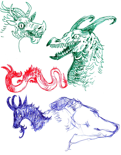 Ink doodles of dragons and a dog study.