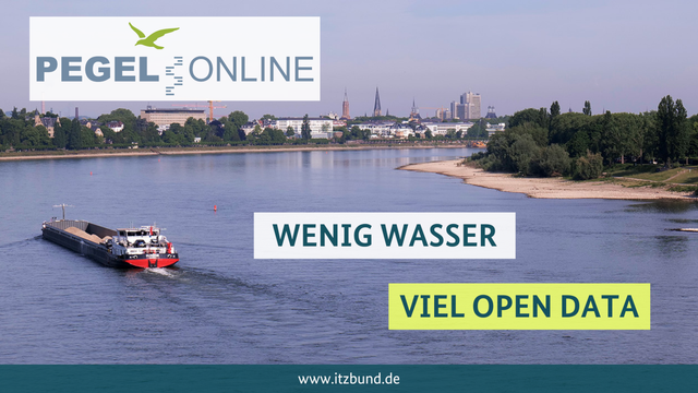 Binnenschiff auf dem Rhein bei Bonn mit weit in das Flußbett ragendem Ufer