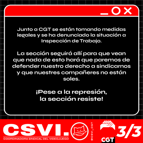 Junto a CGT se están tomando medidas legales y se ha denunciado la situación a Inspección de Trabajo. La sección seguirá allí para que vean que nada de esto hará que paremos de defender nuestro derecho a sindicarnos y que nuestres compañeres no están soles. ¡Pese a la represión, la sección resiste!