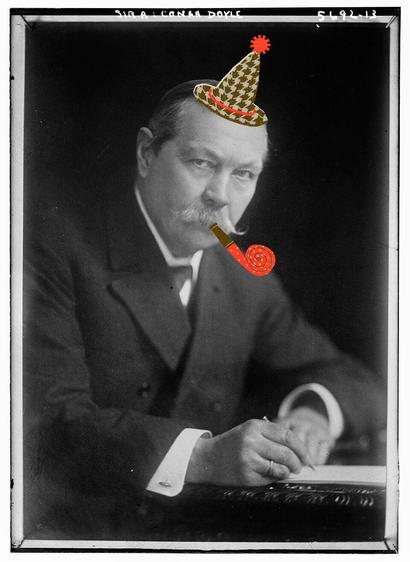 a photograph of Arthur Conan Doyle writing, with a comical houndstooth partyhat and party blower edited in