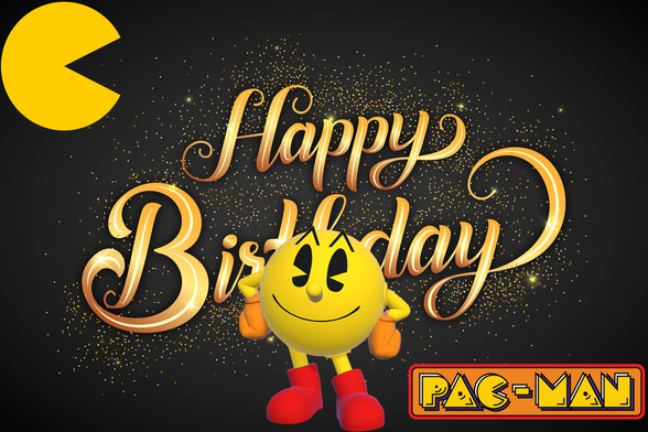 The image features a birthday greeting with a Pac-Man theme. The background is black, adorned with golden sparkles that enhance the celebratory feel. In the center, the text "Happy Birthday" is written in a large, elegant, golden script, giving it a festive appearance. Below the text, Pac-Man is depicted in his classic yellow color, wearing red boots and holding an orange bag. The iconic Pac-Man logo is visible in the top left corner, and the word "PAC-MAN" is displayed in bold, stylized letters at the bottom right. The overall design is vibrant and cheerful, suitable for a birthday celebration.