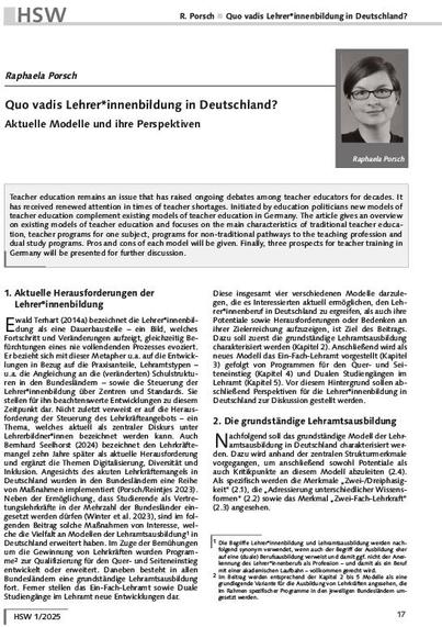 Das Foto zeigt das Abstract zum Beitrag Quo vadis Lehrerinnenbildung von Raphaela Porsch.