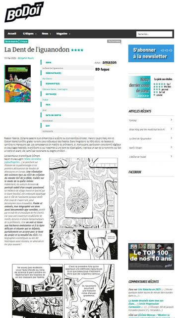 Capture d'écran de la chronique sur Bodoi.info avec ses 4 étoiles. 
https://www.bodoi.info/la-dent-de-liguanodon/