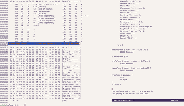 A screenshot of multiple terminals.

On the left, a hexdump is visible with some printable characters that say things like “References.Symbols.Macros” on the right side.
Also on the left is a terminal for the “ascii” manpage, scrolled to the table of characters.

On the right is a vim opened with the latter sections of the source of drifblim.tal, the uxn assembler.

To the initiated it looks like the hexdump on the left is the assembled rom of the source on the right :)