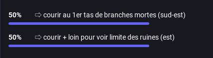 Capture d'écran du sondage Mastodon numéro 28, dont les deux choix sont à égalité des votes. Choix 1: Courir au premier tas de branches mortes (sud-est). Choix 2: Courir plus loin pour voir la limite des ruines (est)