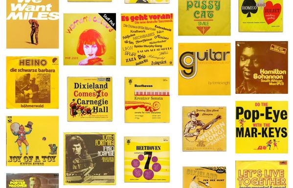 Detail from https://fontsinuse.com with thumbnail images for a search for Uses tagged with “yellow” and “vinyl records”. The display uses the “stack” modifier that can be toggled at the top right. Unlike in “grid” mode, no typeface samples are shown.