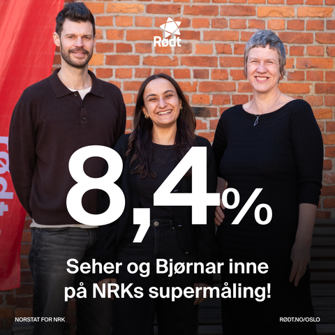 Stor tekst: 8,4%. Under: Seher og Bjørnar inne på NRKs supermåling! I bakgrunnen et bilde av Rødt Oslos 3 toppkandidater, Seher Aydar, Bjørnar Moxnes og Stine Westrum.