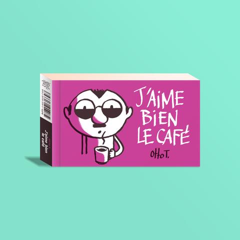 Visuel en 3 D du flipbooks "J'aime bien le café" signé Otto T. qui s'est dessiné sur la couv violette avec ses lunettes à moitié remplies de café devant un mug fumant. infos: https://www.flblb.com/catalogue/jaime-bien-le-cafe/