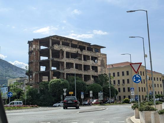 Tall war ruin at a prominent public square