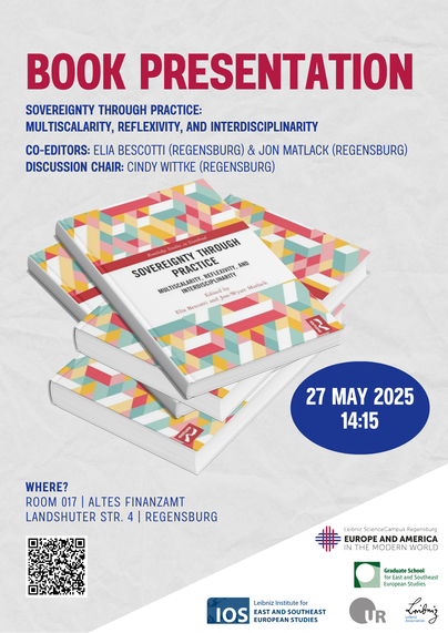 Book presentation announcement for 'Sovereignty Through Practice: Multiscalarity, Reflexivity, and Interdisciplinarity' co-edited by Elia Bescotti and Jon Matlack (both Regensburg), with discussion chair Cindy Wittke (Regensburg). The event takes place on May 27, 2025 at 14:15 in Room 017, Altes Finanzamt, Landshuter Str. 4, Regensburg. The poster shows stacked copies of the book with a colorful geometric cover design and includes logos of organizing institutions and a QR code.