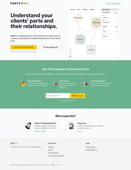 A screenshot of a landing page for an internal family systems parts mapping application