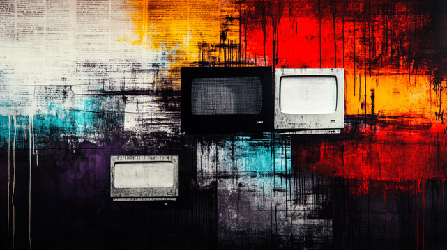 Parasitage Visuel.
Collage abstrait de téléviseurs rétro sur fond urbain éclaté, couleurs vives et textures brutes.
Abstract collage of retro TVs on a fractured urban background, vivid colors and raw textures.