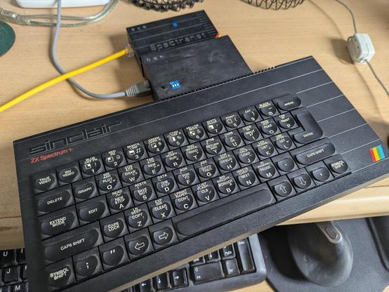 A Spectrum+ with two Spectranet interfaces plugged into the expansion port one behind the other. This wouldn't work at all and is just silliness.