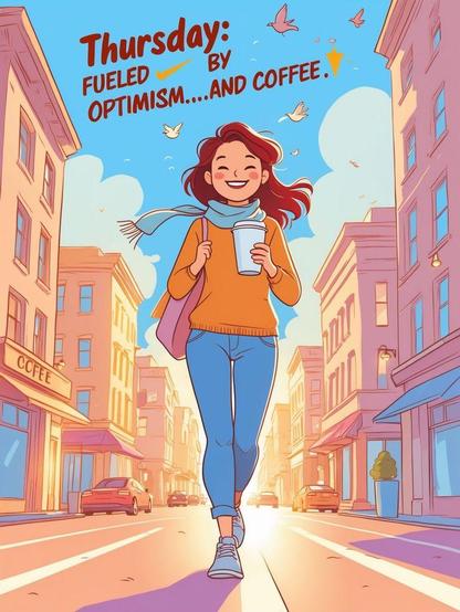 A woman walking down the street with coffee in hand with an optimistic expression on her face.