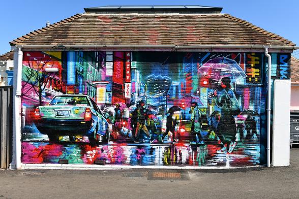Photo of one of Dan Kitchener's Tokyo murals on the south elevation of the Big Beach Café, near Hove Lagoon. City of Brighton & Hove, UK.