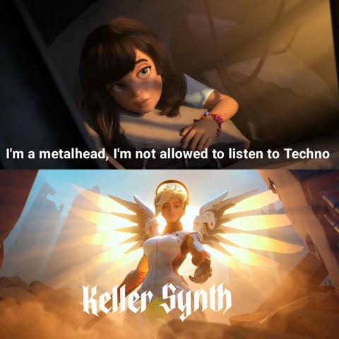 Meme containing of two images
Top image: a sad young girl is sitting in a dark dungeon, along with the caption: "I'm a metalhead, I'm not allowed to listen to Techno"
Bottom image: a kind of angel is coming to rescue her, along with a bright, blue sky, sunshine and the caption: "Keller Synth"
