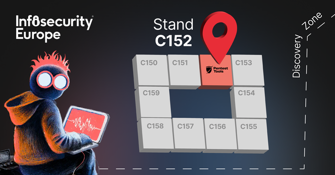 An image of a red-haired, hoodie-wearing ethical hacker next to a layout highlighting booth C152 where Pentest-Tools.com will be exhibiting at Infosecurity Europe 2025