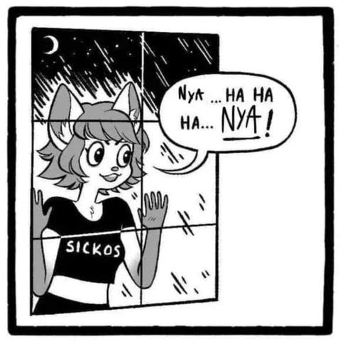 The sickos guy meme where a guy stands at a window going “yes ha ha ha… YES” but it’s a cat girl going

“NyA ... HA HA
нA... NYA!”