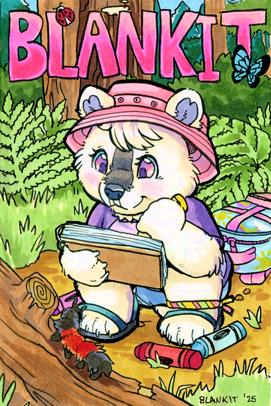 Marker art of a polar bear toddler sketching a caterpillar with crayons.