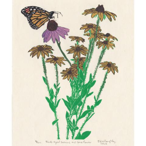 As described this is my 9.25” x 12.5” linocut print on cream coloured Japanese washi with collaged washi papers of a clump of black eyed susans and one purple cone flower with a monarch butterfly.