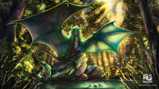 Illustration featuring a sunlit forest with a pond and big rock in the middle. On the rock sits a big wyvern spreading its wings and looking at the viewer. They wyvern is grey and green hues. Illustration painted by Anoroth, character belongs to Univision Uni