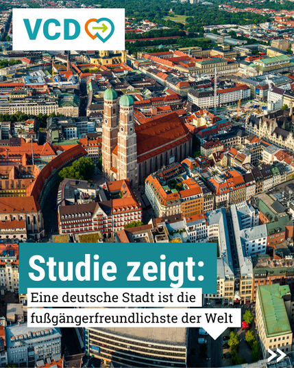 Man sieht die Stadt München von weit oben fotografiert. Text im Bild: Studie zeigt: Eine deutsche Stadt ist die fußgängerfreundlichste der Welt